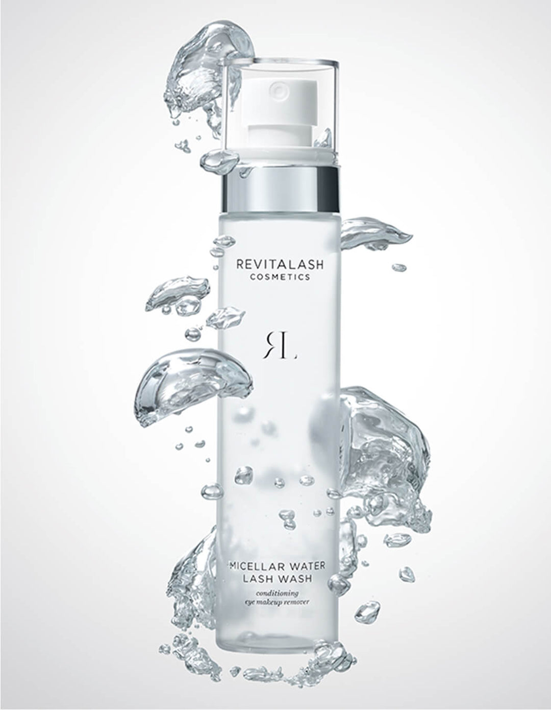 Revitalash Cosmetics Micellar Water Lash Wash bottle with water droplets on a light gray background