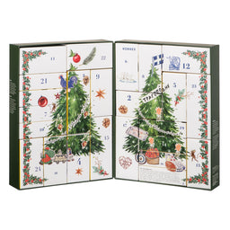Korres Christmas advent calendar with festive designs and tree illustrations.