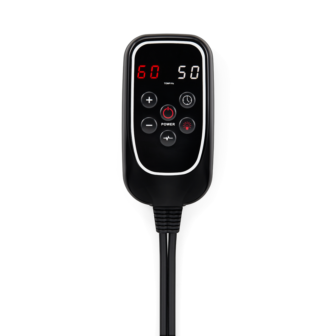 Black electronic device with digital display on a white background