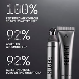 Three silver cosmetic tubes and a bottle labeled PEPTINT are arranged on a dark reflective surface with large white marketing text about dry lips and smoother lips.