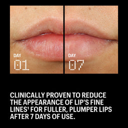A promotional graphic with a before-and-after lip close-up labeled DAY 01 and DAY 07, above text stating 'Clinically proven to reduce the appearance of lip's fine lines for fuller, plumper lips after 7 days of use.' on a black background.