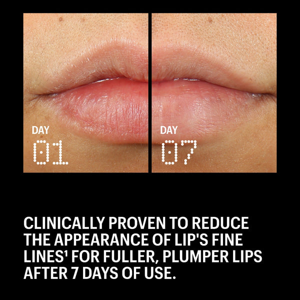 A promotional graphic with a before-and-after lip close-up labeled DAY 01 and DAY 07, above text stating 'Clinically proven to reduce the appearance of lip's fine lines for fuller, plumper lips after 7 days of use.' on a black background.