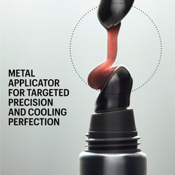 A close-up promotional shot of a black metal makeup applicator being pressed into a dark cosmetic tube, with a pink-red product being dispensed. Text on the left reads 'METAL APPLICATOR FOR TARGETED PRECISION AND COOLING PERFECTION' and 'SHADE UTOPIA' appears at the top.