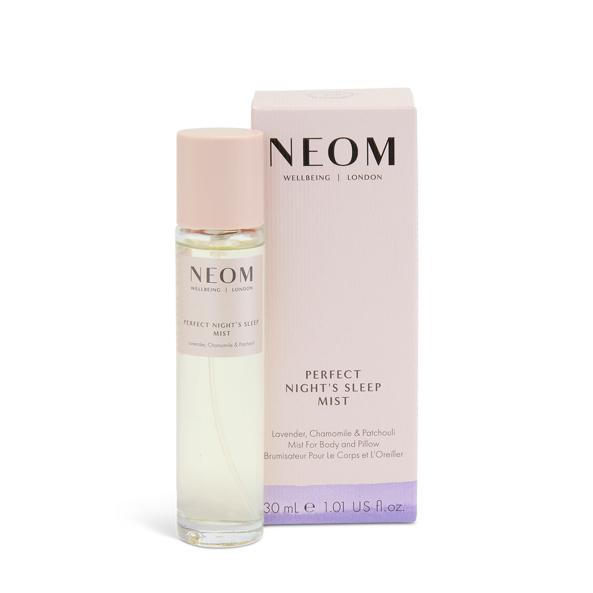 NEOM Perfect Night's Sleep Mist bottle and packaging on a white background