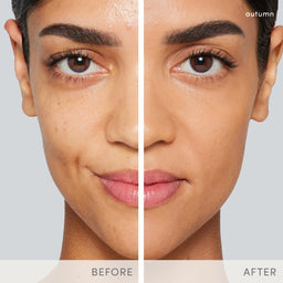 Before and after comparison of a woman's face with cosmetic effects applied.