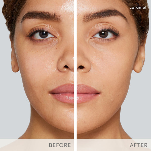 Before-and-after split screen showing a woman's face with a makeup product applied, labeled 'carome' in the top right and 'BEFORE' and 'AFTER' at the bottom.