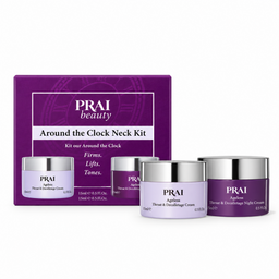 PRAI beauty Around the Clock Neck Kit containing a purple box and three skincare jars with silver lids on a white background.