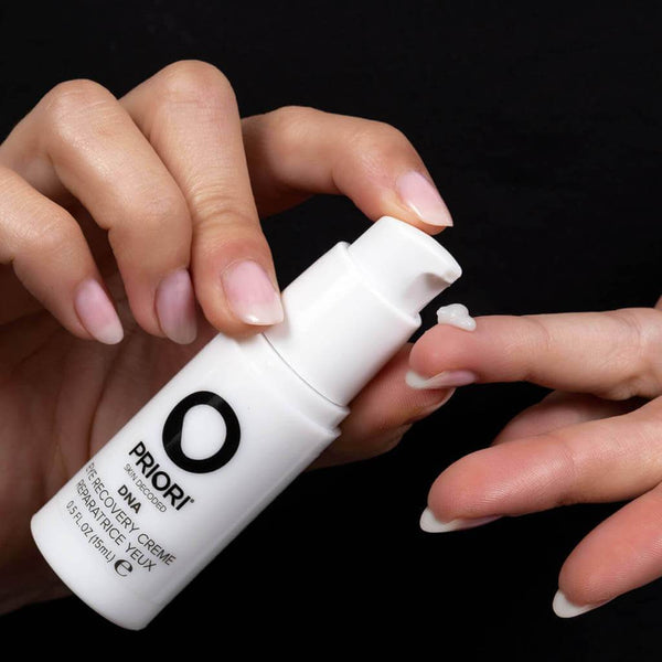 a user applying PRIORI DNA - Eye Recovery Cream with Retinol to their fingertips