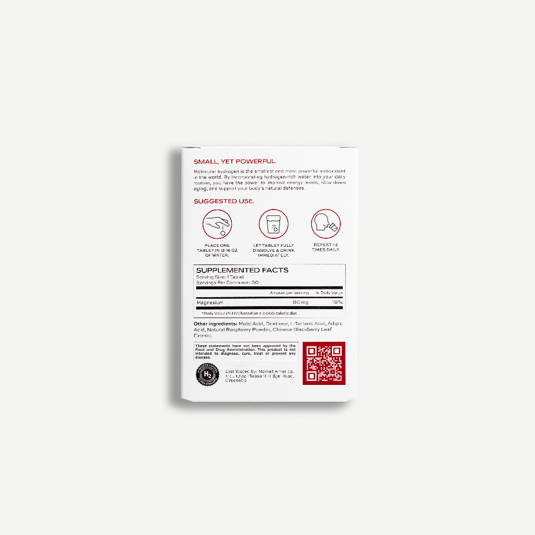 Supplement packaging with text and icons on a white background