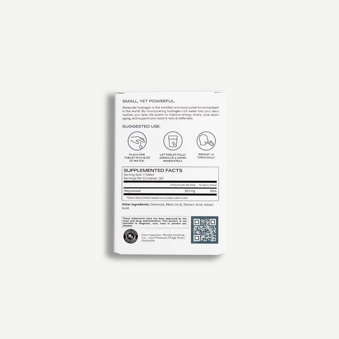 Supplement package with text and icons on a white background