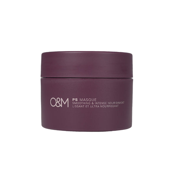 A dark plum purple cosmetic jar of O&M PS Masque Smoothing & Intense Nourishment on a solid white background.