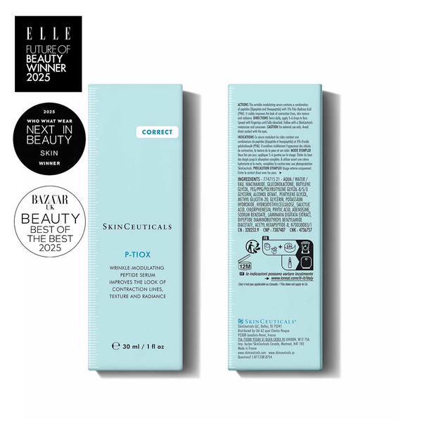 SkinCeuticals P-TiOX serum packaging with awards on a white background