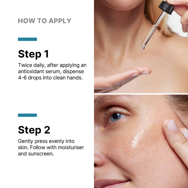 Instructions on how to apply a skincare product with close-up of application.