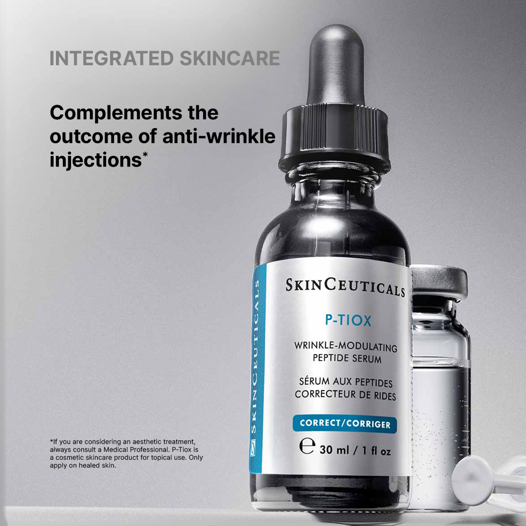SkinCeuticals P-TIOX serum bottle with dropper on a gray background