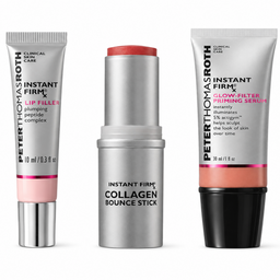 Three Peter Thomas Roth Instant Firm cosmetic products on a white background: a lip filler tube, a collagen bounce stick in its cap, and a glow-filter priming serum tube.