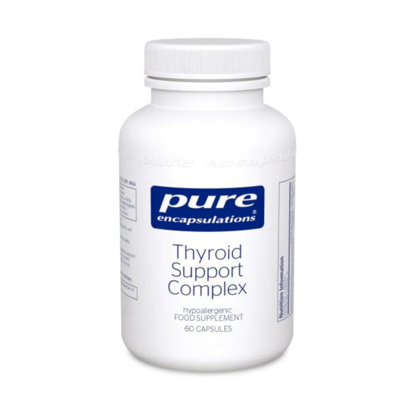 A white plastic bottle of Pure Encapsulations Thyroid Support Complex dietary supplement, containing 60 capsules, shown on a plain white background.