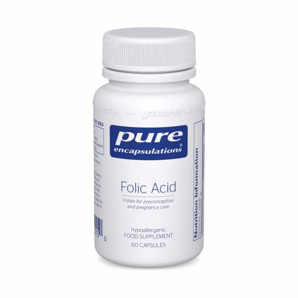 A white bottle of Pure Encapsulations Folic Acid dietary supplement, containing 60 capsules, shown on a clean white background.