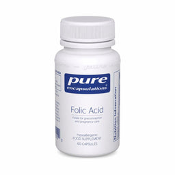 A white bottle of Pure Encapsulations Folic Acid dietary supplement, containing 60 capsules, shown on a clean white background.