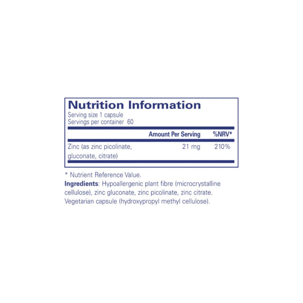 A Nutrition Information label on a white background, showing zinc content and ingredients for a supplement capsule.