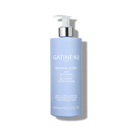A 400ml bottle of Gatineau Paris Renewal Ultime AHA Body Wash, featuring a light blue cylindrical bottle with a silver pump dispenser, set against a clean white background with a soft shadow.