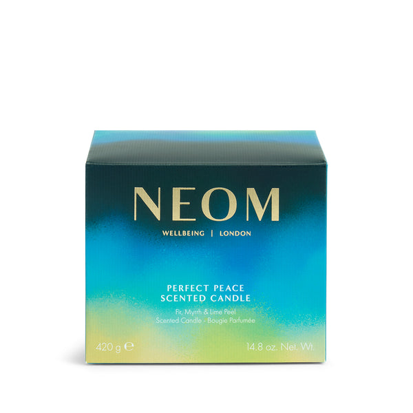 NEOM Perfect Peace scented candle packaging on a white background
