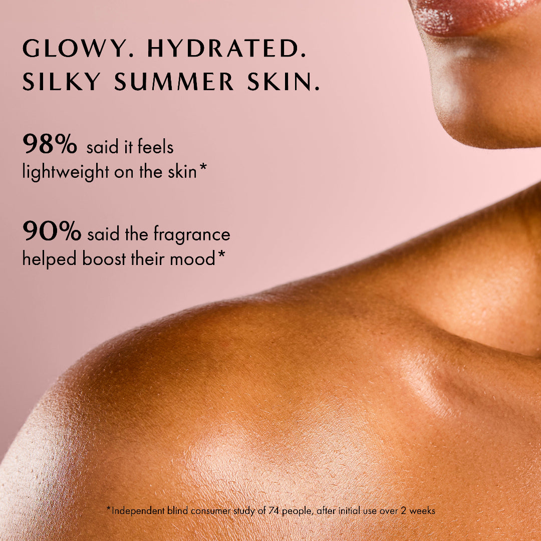 Advertisement for skincare product with a close-up of skin and text about product benefits on a pink background.