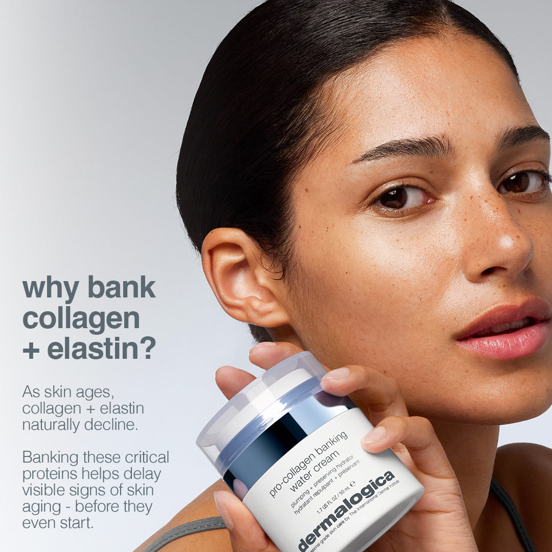 Woman holding a Dermalogica product with text about collagen and elastin on a gray background