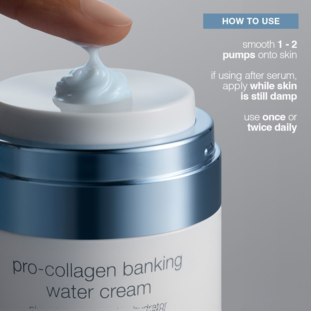 Container of pro-collagen banking water cream with a hand applying cream, on a gray background.