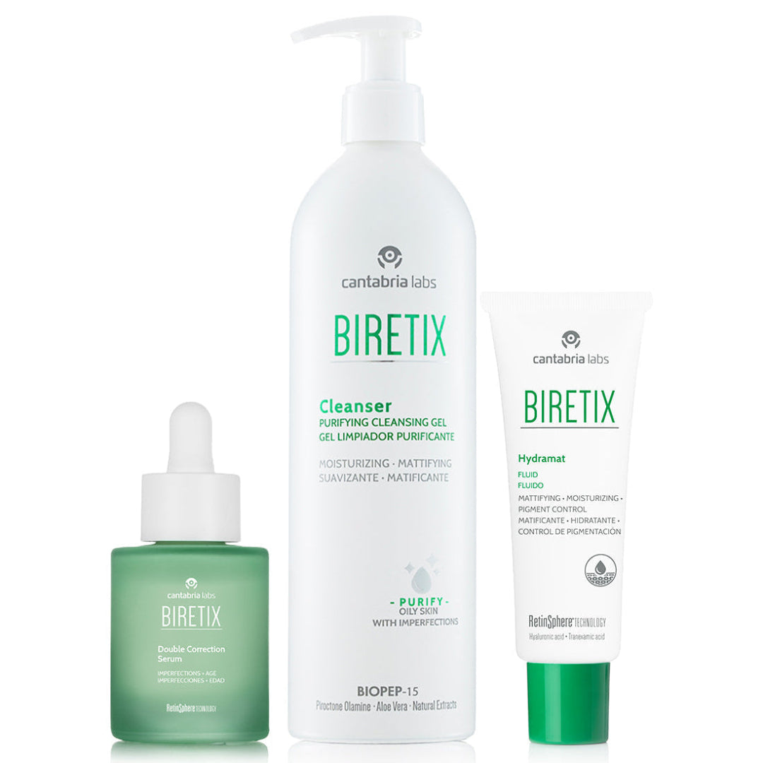 Three skincare products from Biretix on a white background