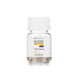 A small clear bottle of Contabiol Heliocare D3+ capsules with a white cap and white label, centered on a plain white background.