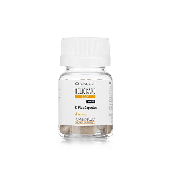 A small clear bottle of Contabiol Heliocare D3+ capsules with a white cap and white label, centered on a plain white background.