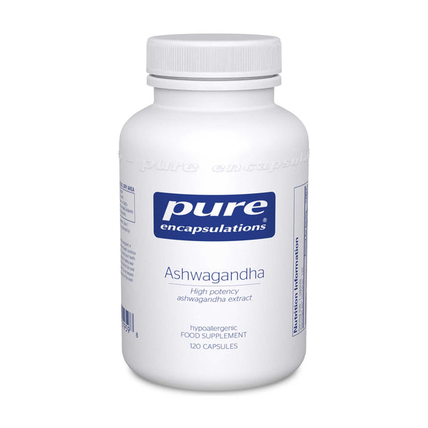 A white bottle of Pure Encapsulations Ashwagandha dietary supplement, containing 120 capsules, shown on a clean white background.