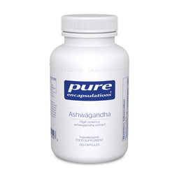 A white bottle of Pure Encapsulations Ashwagandha dietary supplement, containing 120 capsules, shown on a clean white background.