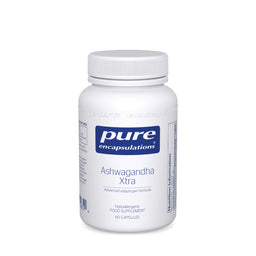 A white plastic bottle of Pure Encapsulations Ashwagandha Xtra dietary supplement, featuring a white ribbed cap and a white label with blue branding and text, set against a plain white background.