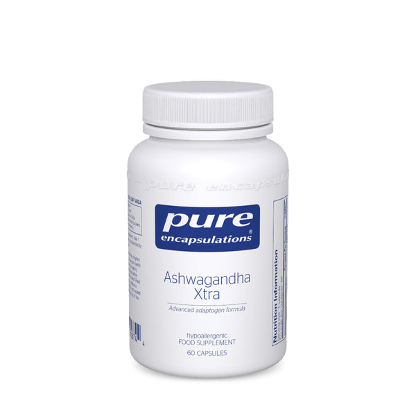 A white plastic bottle of Pure Encapsulations Ashwagandha Xtra dietary supplement, featuring a white ribbed cap and a white label with blue branding and text, set against a plain white background.