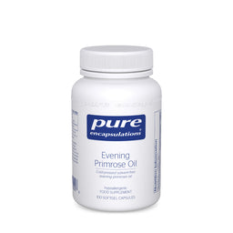 A white plastic bottle of Pure Encapsulations Evening Primrose Oil with a white ribbed cap and a blue and white label, set against a plain white background.