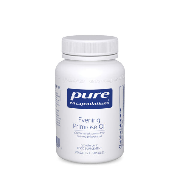 A white plastic bottle of Pure Encapsulations Evening Primrose Oil with a white ribbed cap and a blue and white label, set against a plain white background.