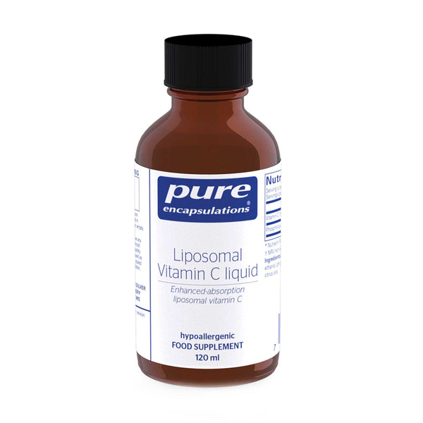 A 120 ml bottle of Pure Encapsulations Liposomal Vitamin C liquid, featuring an amber brown bottle, a black cap, and a white label with blue branding.