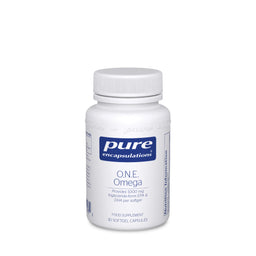 A white plastic bottle of Pure Encapsulations One Omega dietary supplement, featuring a white ribbed cap and a white label with a blue brand logo, set against a plain white background.