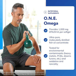 Man exercising with a kettlebell, promotional text for O.N.E. Omega nutritional supplement.