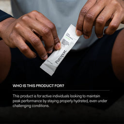 Runner holding a Puresport electrolyte powder packet with text about why active individuals use it. 