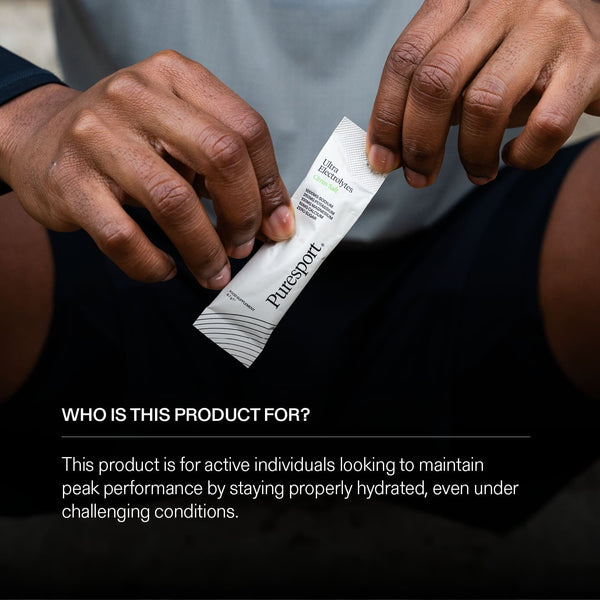 Runner holding a Puresport electrolyte powder packet with text about why active individuals use it. 