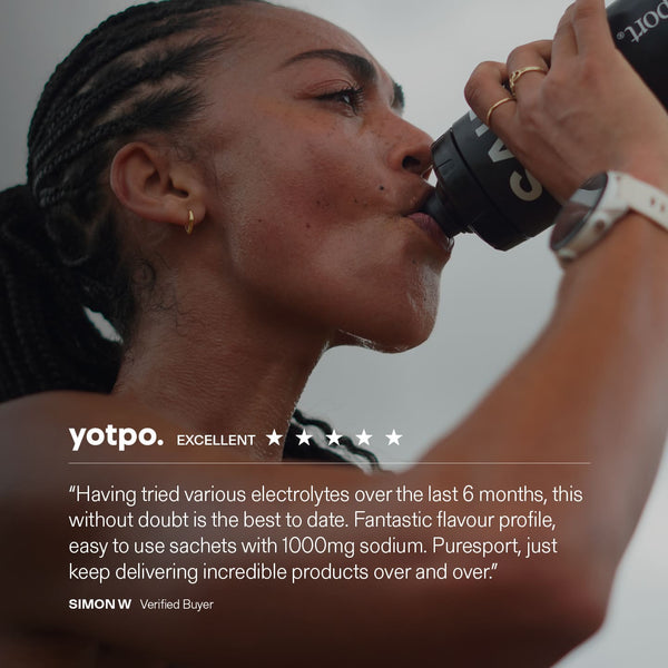 Person drinking from sports bottle drinking with a yotpo electrolytes review quote displayed.