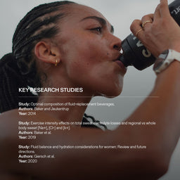 Athlete drinking electrolytes with text about key research studies on hydration and electrolyte balance.
