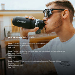 Athlete drinking from a Puresport sports water bottle with text about research studies for electrolytes overlayed. 