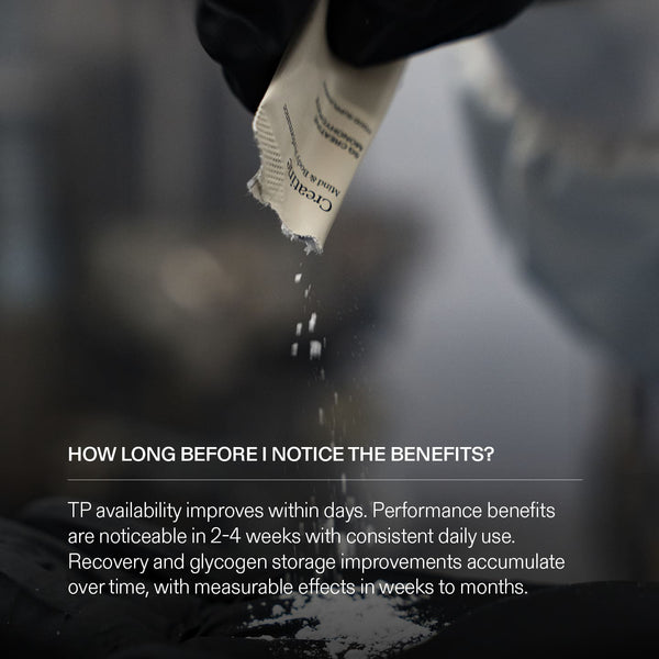 Hand holding a white sachet of Creatine with text, blurred background