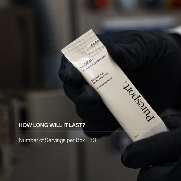 Hand holding a supplement of creatine by Puresport with the number of servings per box. 