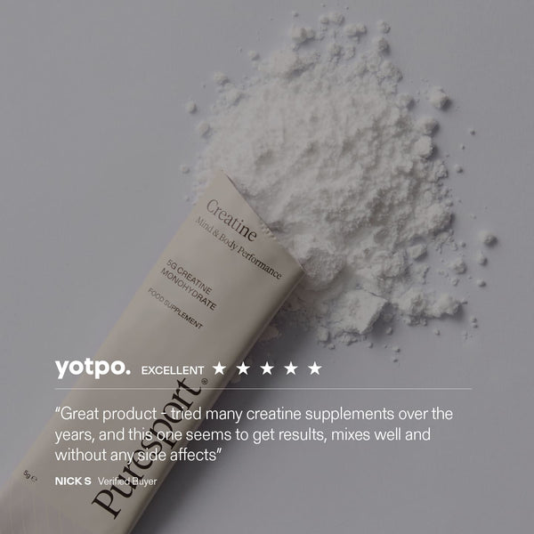 Supplement of creatine in coming out of a sachet on a grey background and yotpo review from a customer.