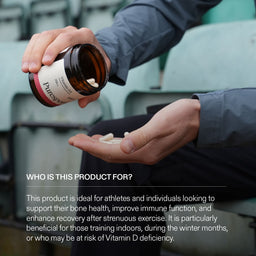 Runner pouring supplements from a jar of Vitamin D3 into their hand, with text about the product's use.