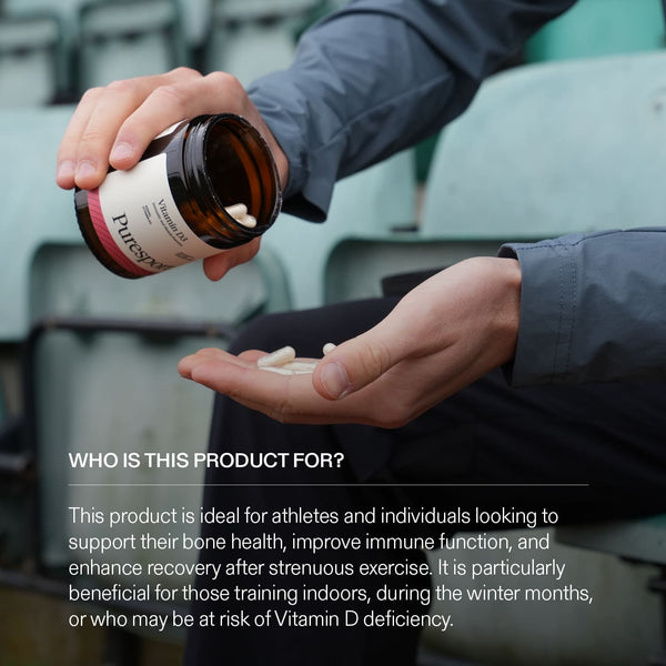 Runner pouring supplements from a jar of Vitamin D3 into their hand, with text about the product's use.
